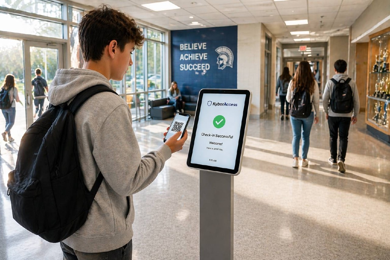 Student checking in at a KyberAccess kiosk in a school hallway