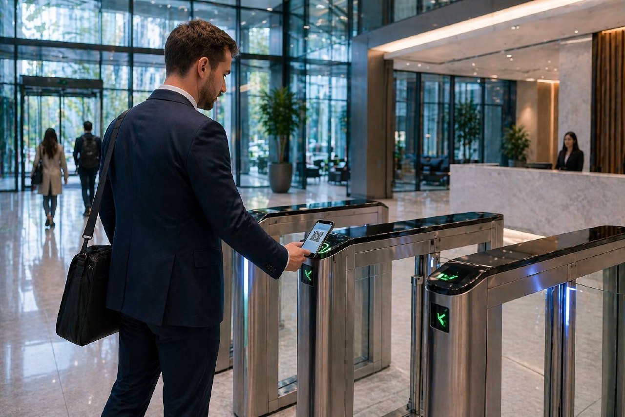 Employee scanning phone at a turnstile gate in a modern office lobby