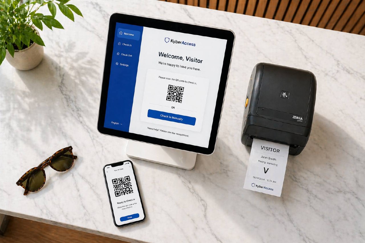 Visitor checking in at a KyberAccess kiosk in a modern office lobby